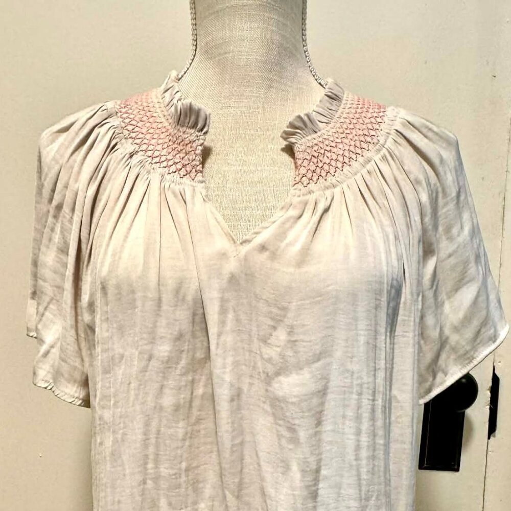 Rachel Zoe Short Sleeve Satin Blouse with V Neck and Pink Embroidery/NWOT/L